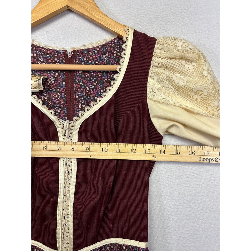 Gunne Sax Vintage Prairie Dress Womens XS Burgundy Floral Lace 70s Boho Dress - Picture 9 of 13
